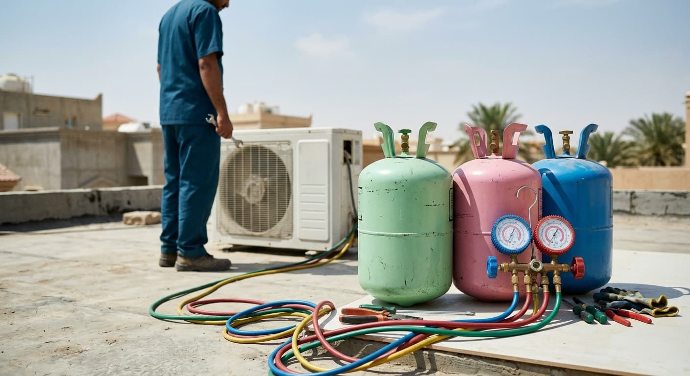 أسطوانات غاز تبريد (فريون) بألوان مختلفة بجانب طقم مانومتر لقياس الضغط