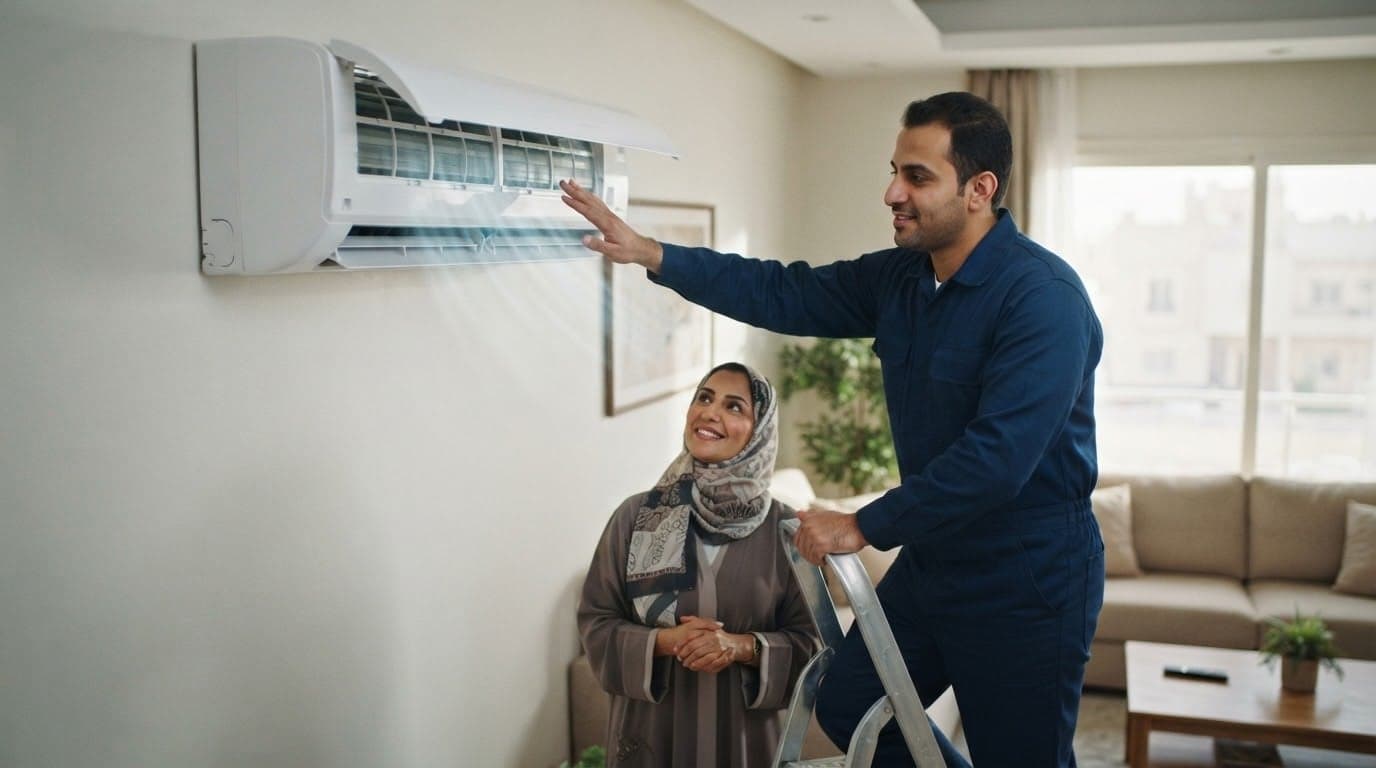 فني يتأكد من برودة الهواء بعد تعبئة الفريون