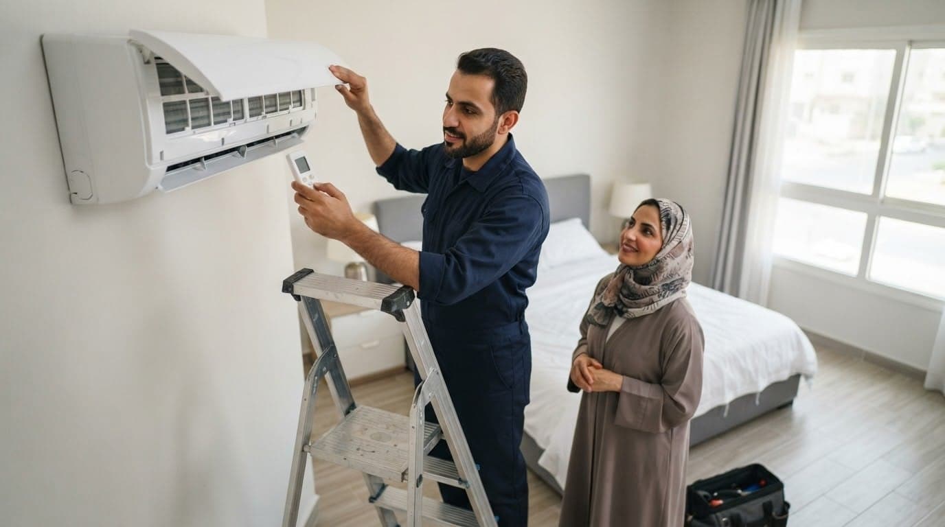 تشغيل المكيف بعد الصيانة والتأكد من خروج الهواء ونزول الماء