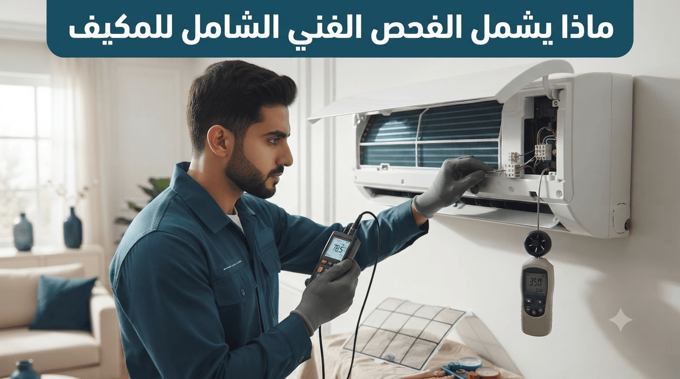 فني يفحص اللوحة الكهربائية الداخلية لمكيف سبليت بجهازَي قياس متصلين به لتشخيص شامل