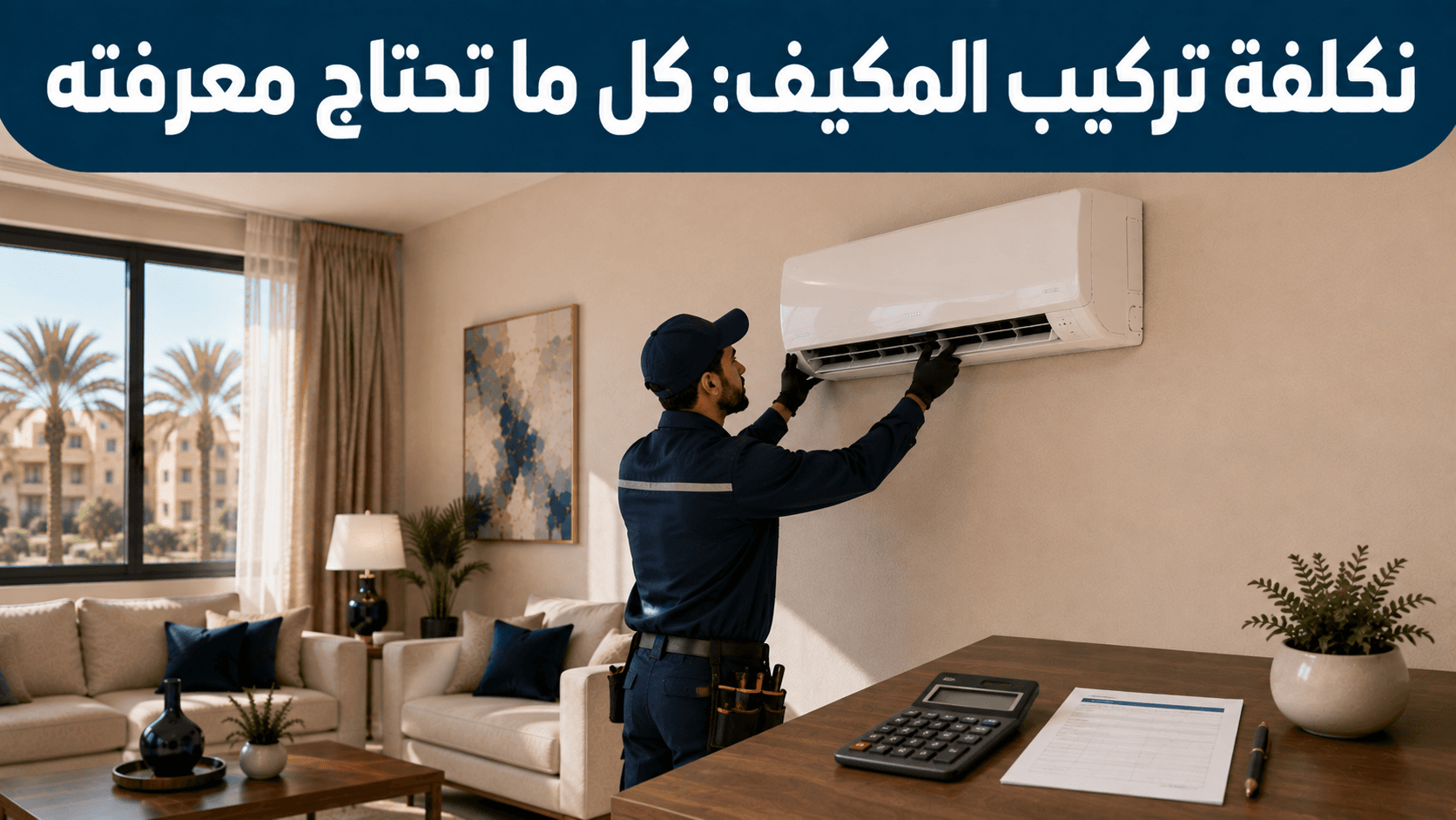 فني يركّب مكيف سبليت بجانب طاولة عليها آلة حاسبة وأوراق تسعير