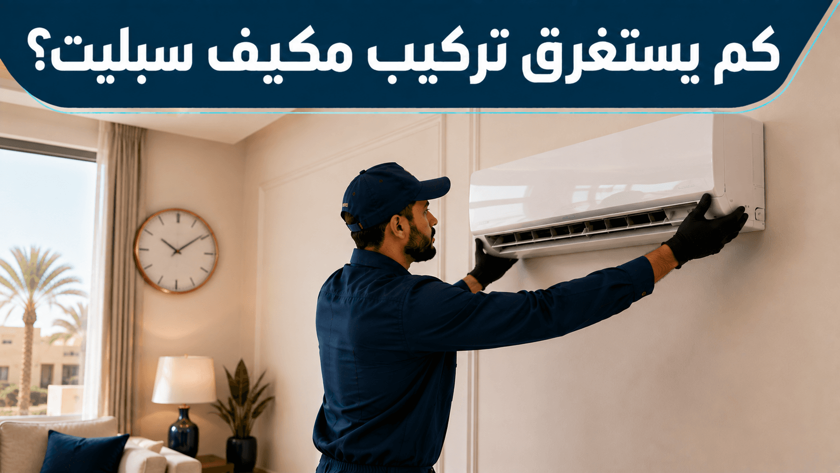 فني يركّب مكيف سبليت على الجدار بجانب ساعة حائط