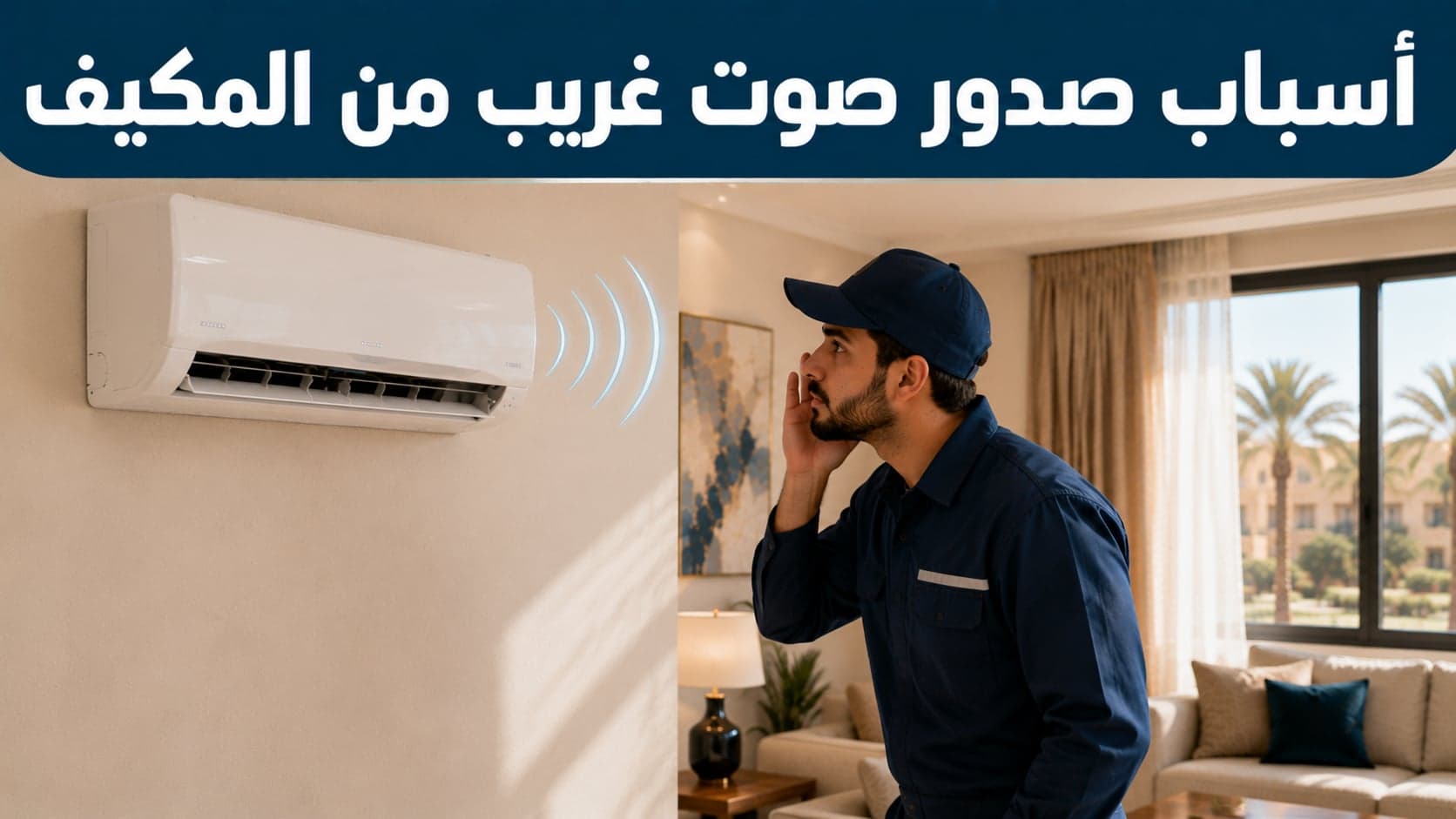 فني يستمع لصوت صادر من مكيف سبليت لتشخيص مصدره