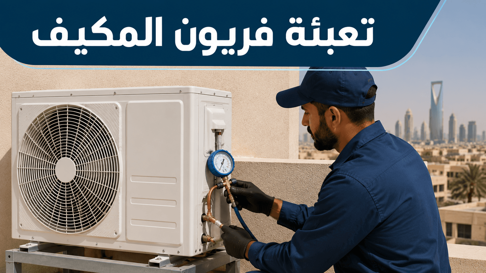 فني يعبّئ فريون لمكيف سبليت عبر مقياس ضغط على الوحدة الخارجية