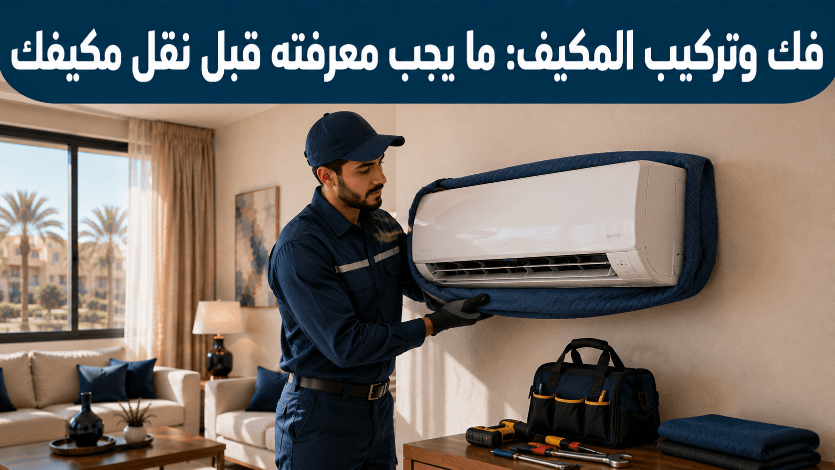 فني يغلّف مكيف سبليت بعد فكّه استعدادًا لنقله