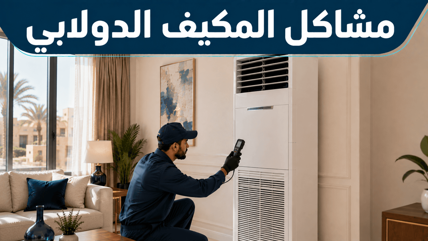 فني يفحص مكيفًا دولابيًا بجهاز قياس لتشخيص عطل