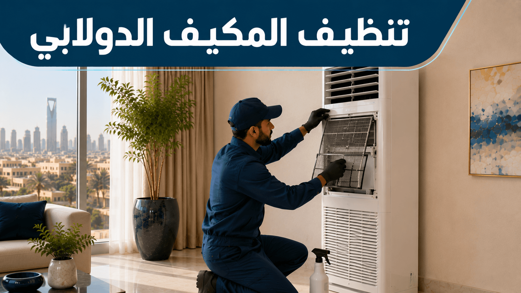 فني ينظّف فلتر مكيف دولابي في صالة منزل
