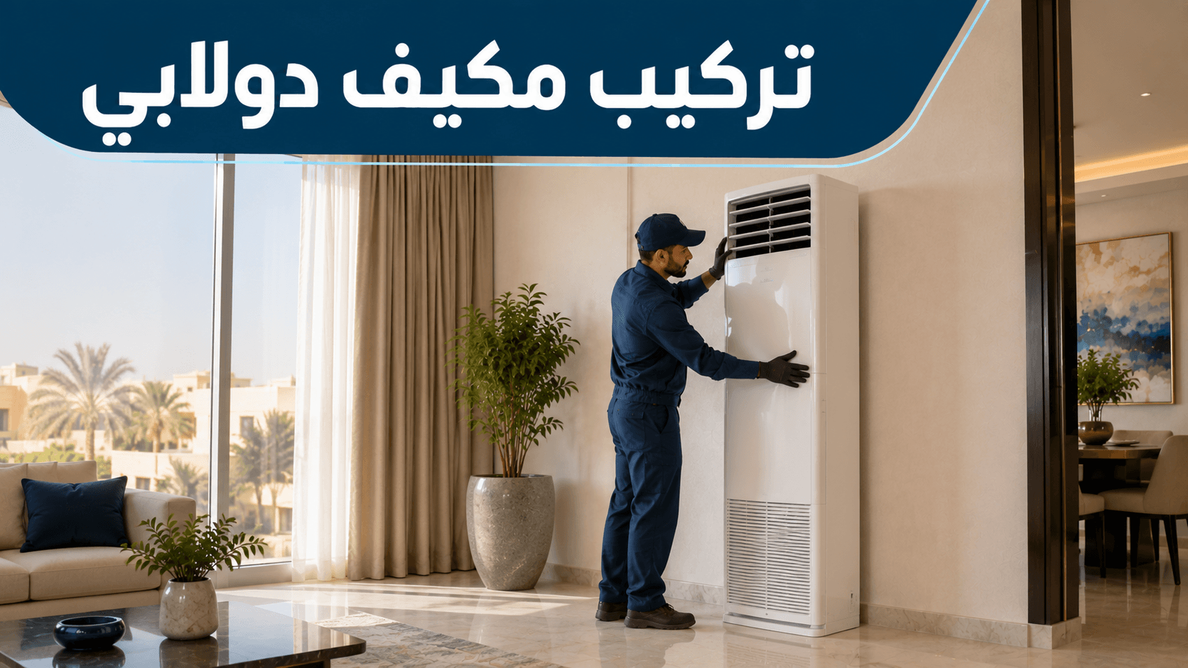 فني يثبّت مكيف دولابي في صالة منزل