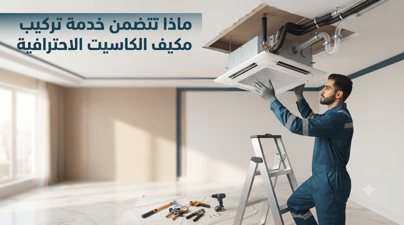 فني يركّب وحدة مكيف كاسيت داخل السقف المعلّق مع ظهور تمديدات النحاس والتصريف