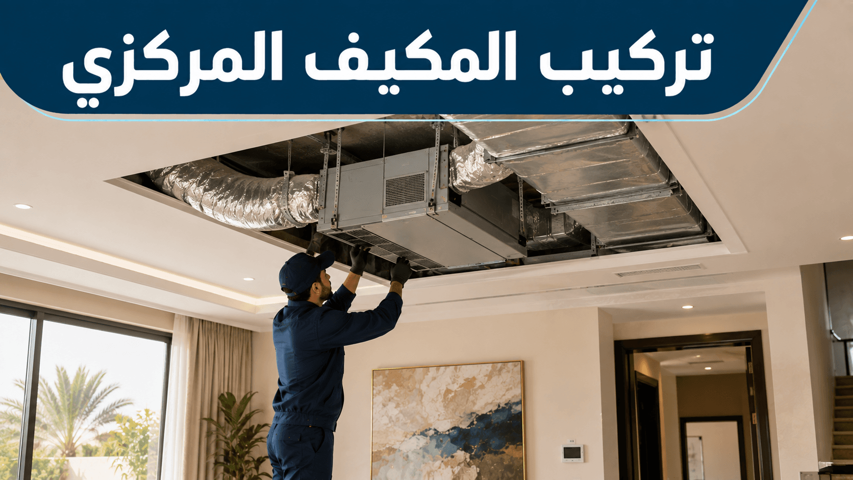 فني يركّب وحدة تكييف مركزي ومجاري هواء في سقف مبنى