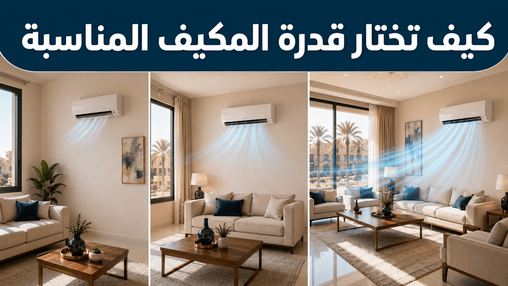 ثلاث غرف معيشة بمساحات مختلفة، كل واحدة بمكيف سبليت يرمز لاختلاف القدرة المناسبة حسب حجم الغرفة