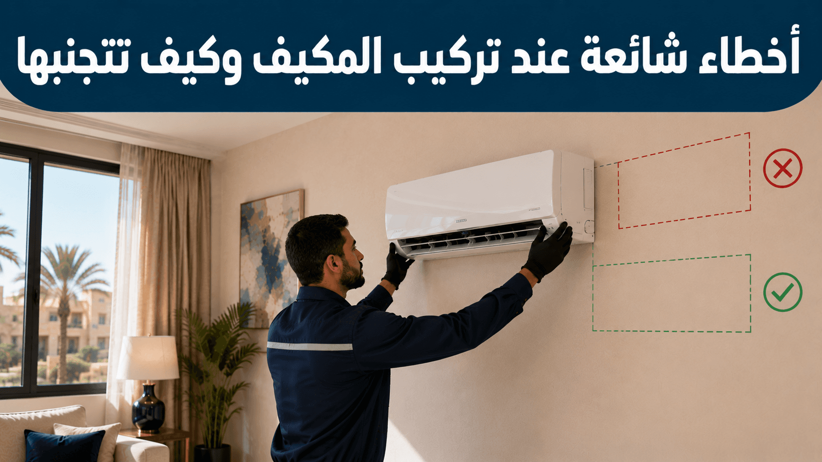 فني يقيّم مكان تركيب مكيف سبليت بمربعين توضيحيين لمكان غير مناسب وآخر صحيح