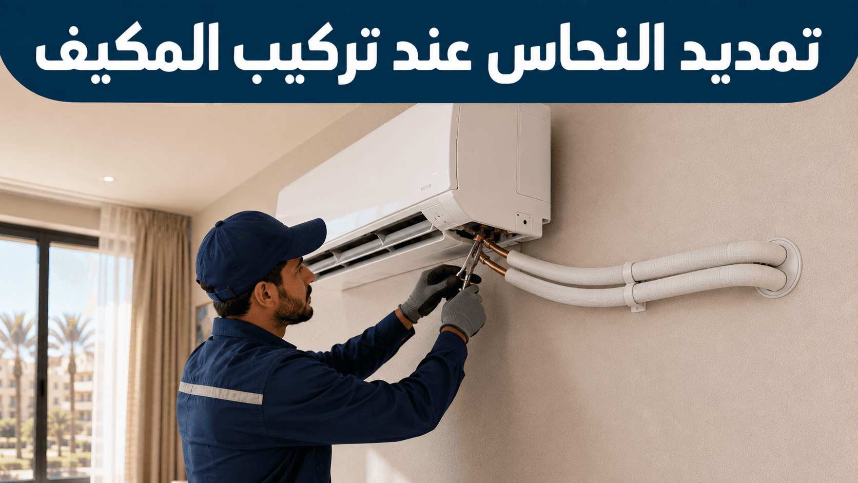فني يوصّل تمديد أنابيب النحاس بالوحدة الداخلية لمكيف سبليت