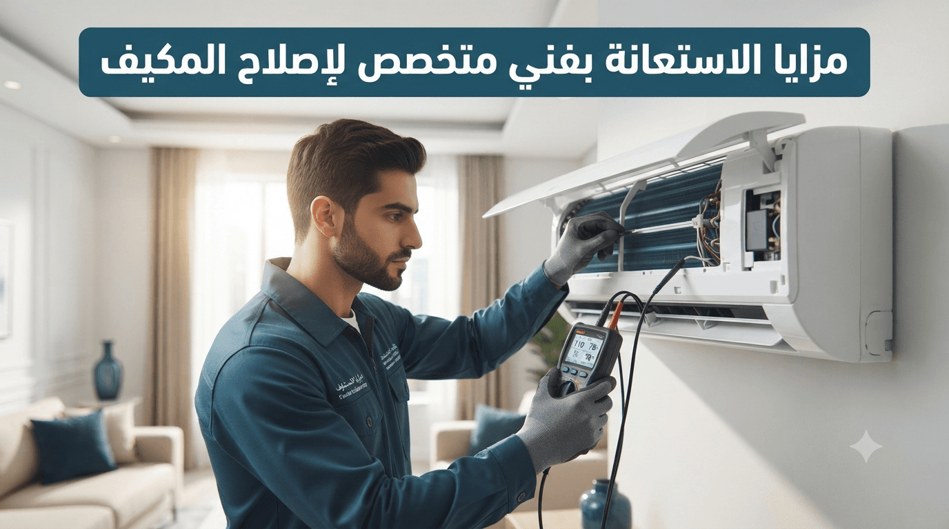 فني متخصص يفحص الدائرة الكهربائية الداخلية لمكيف سبليت بجهاز قياس متعدد قبل الإصلاح