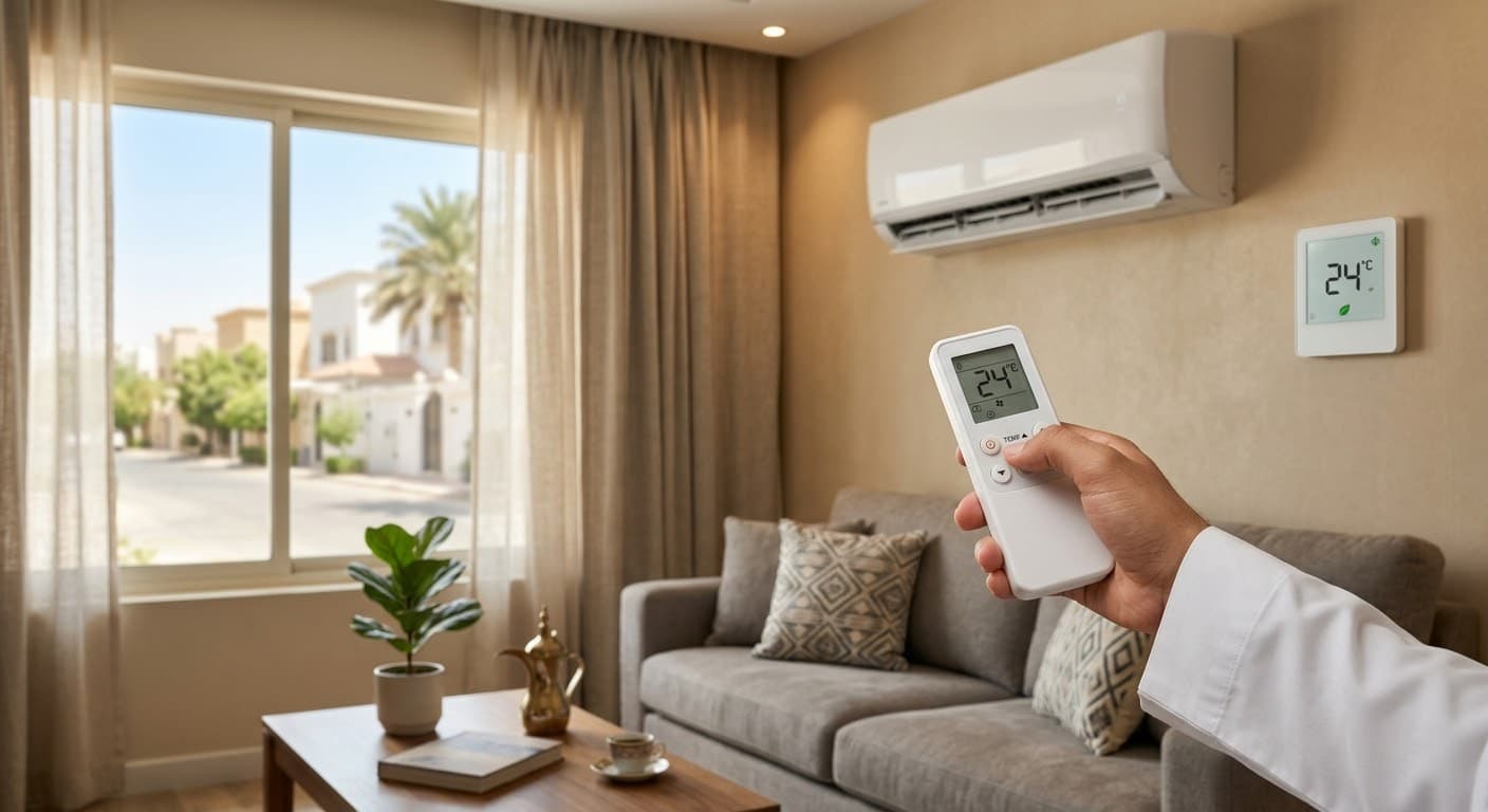 يد تضبط ريموت مكيف على درجة حرارة معتدلة في غرفة معيشة مريحة بالرياض، مع مكيف سبليت وثرموستات على الحائط