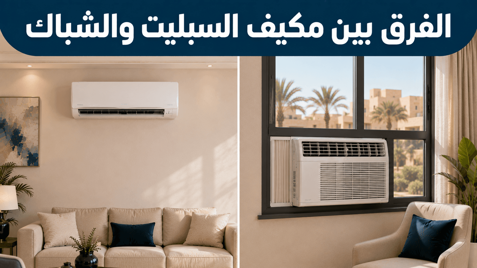 مقارنة جانبية بين مكيف سبليت داخل الغرفة ومكيف شباك مثبت في فتحة النافذة