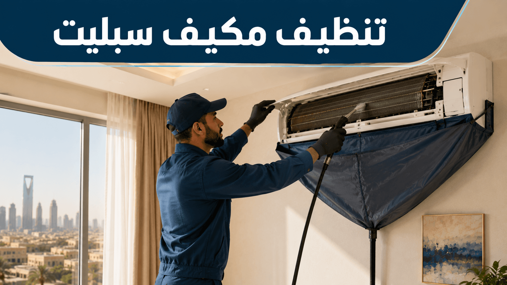 فني ينظّف الملفات الداخلية لمكيف سبليت باستخدام معدات تنظيف احترافية