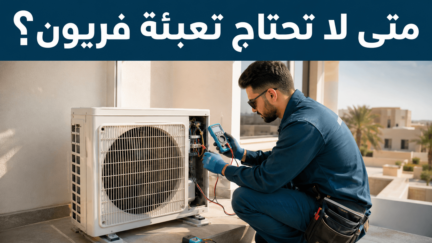 فني يفحص التوصيلات الكهربائية للوحدة الخارجية بجهاز قياس متعدد قبل أي قرار بتعبئة فريون