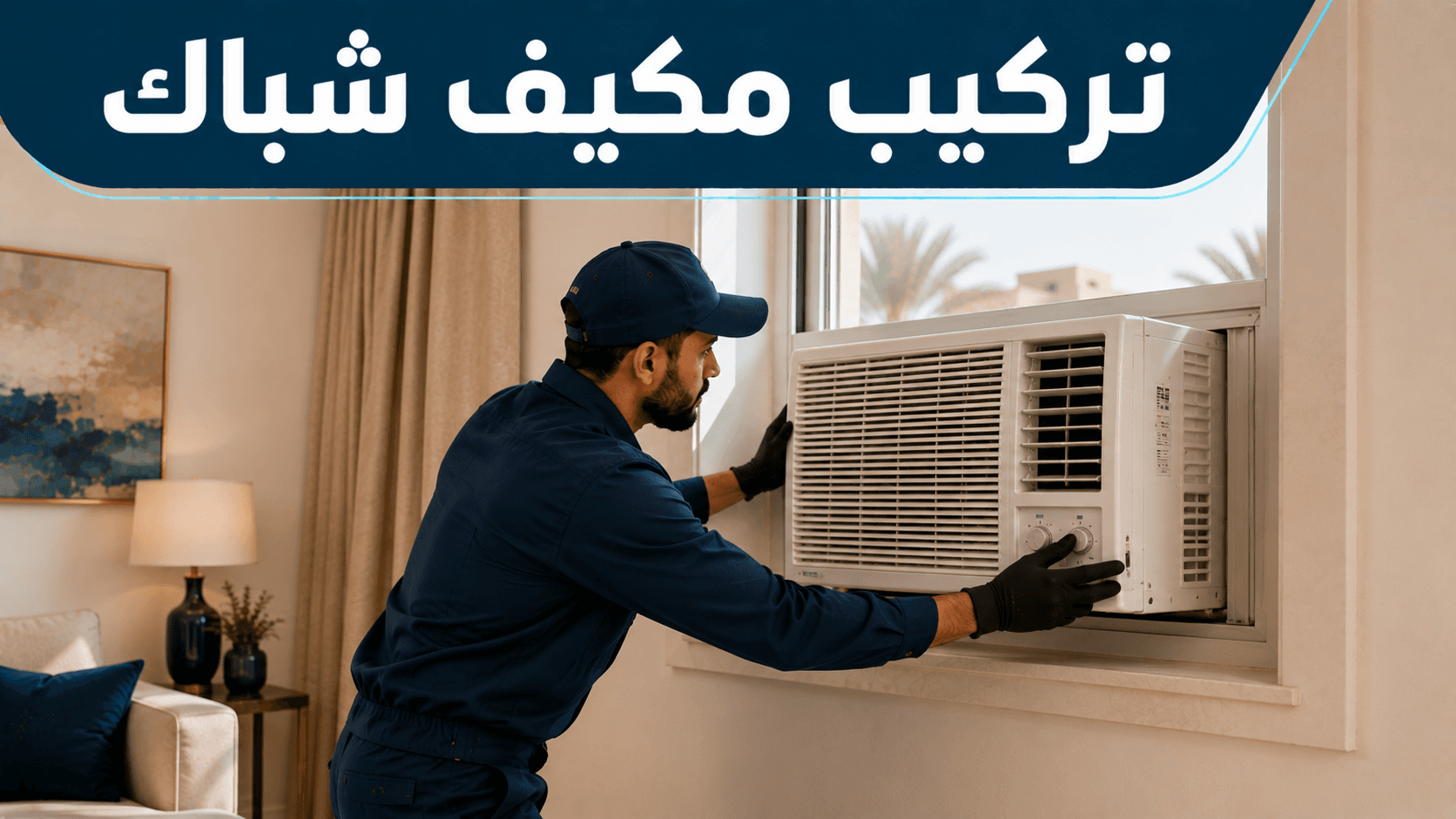فني يثبّت مكيف شباك في فتحة نافذة
