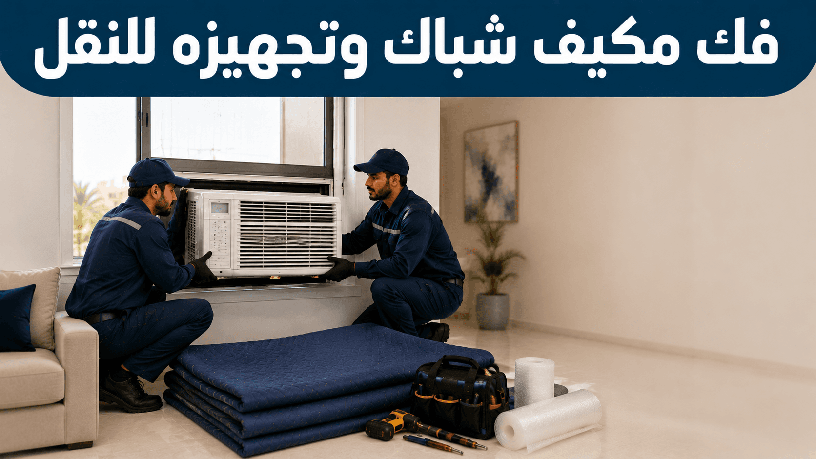 فنيان يفكان مكيف شباك من فتحة النافذة ويجهزانه للنقل فوق بطانية نقل وأدوات تغليف