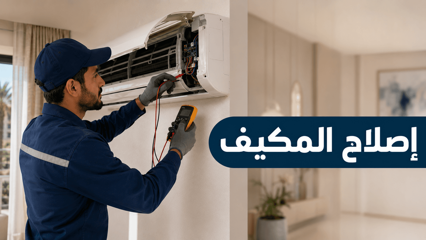 فني يفحص لوحة كهربائية داخل مكيف سبليت باستخدام جهاز قياس متعدد