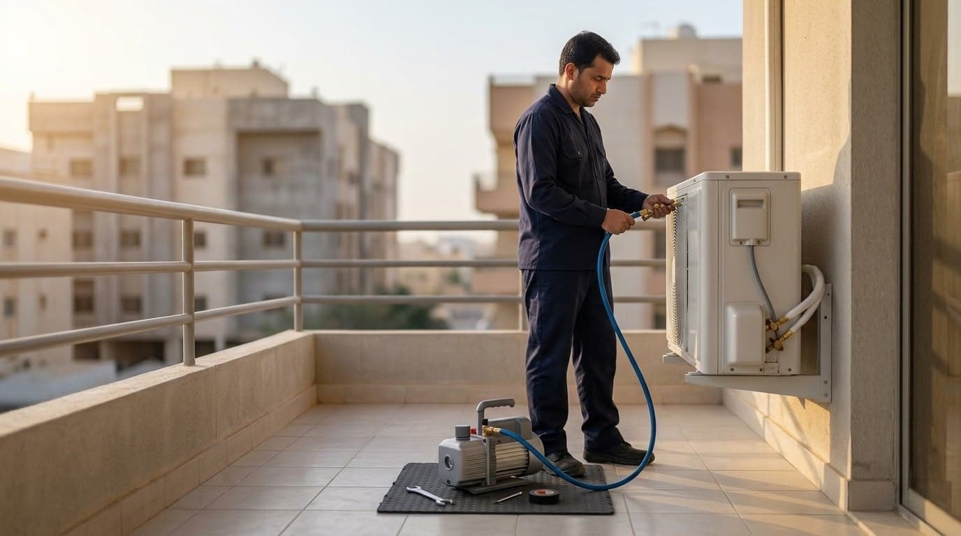فني يجهّز مضخة الفاكيوم لتفريغ أنابيب مكيف سبليت في شرفة شقة بالرياض