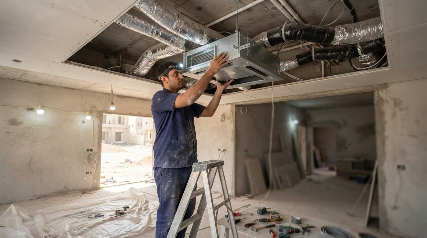 فني يركّب وحدة مكيف كونسيلد فوق سقف جبس مفتوح مع مجاري الهواء