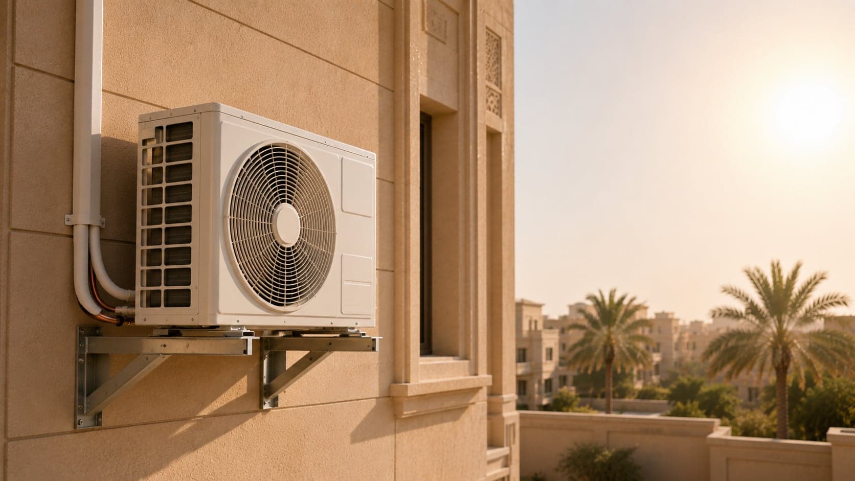 الوحدة الخارجية لمكيف سبليت مع تمديد نحاس معزول، حيث تتم تعبئة الفريون