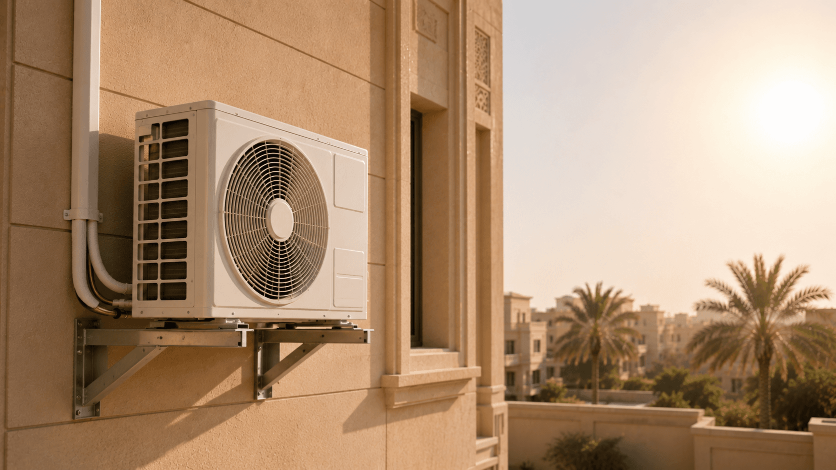 الوحدة الخارجية لمكيف سبليت مع تمديد نحاس معزول، حيث تتم تعبئة الفريون