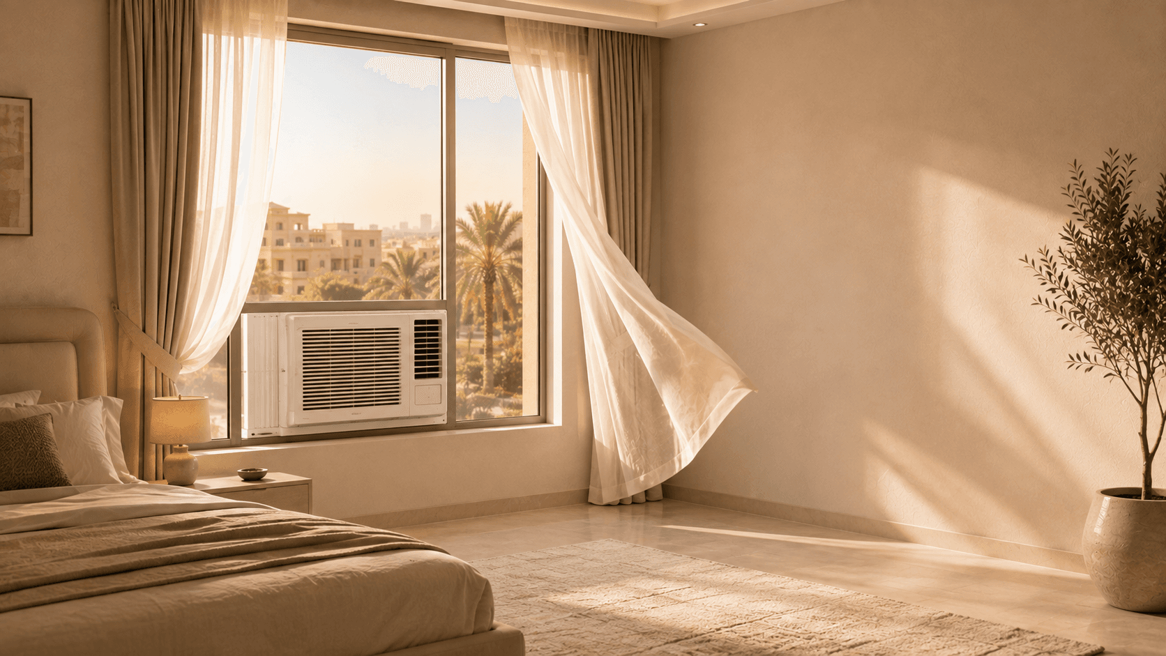 مكيف شباك مُركَّب في نافذة غرفة نوم