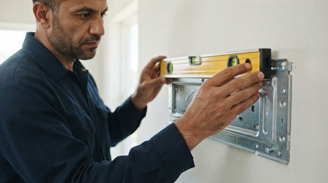 فني يثبّت حامل الوحدة الداخلية للمكيف ويضبط استواءه بميزان الماء