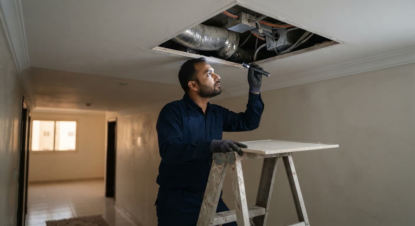 فني يعاين المساحة فوق السقف المعلّق من فتحة الصيانة