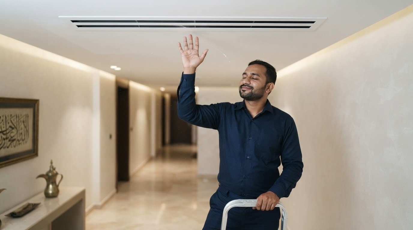 فني يتأكد من خروج الهواء من فتحة التوزيع في السقف