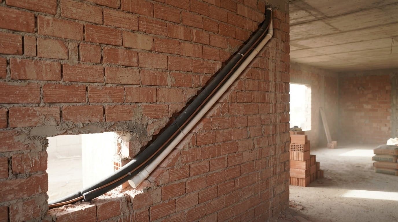 أطراف نحاس تأسيس المكيف خارجة من الجدار قبل تركيب الجهاز