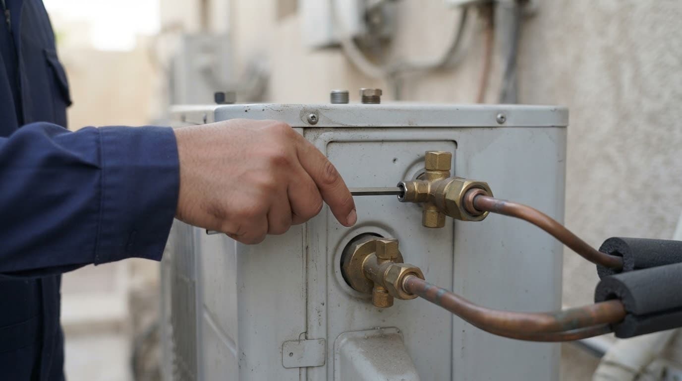 فتح صمام الخدمة في الوحدة الخارجية بمفتاح الألن