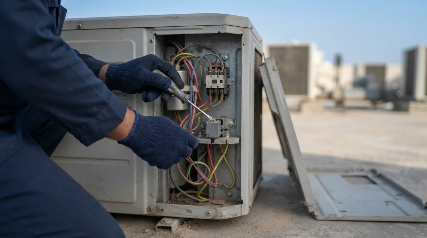فني يستبدل قطعة داخل الوحدة الخارجية أثناء الإصلاح