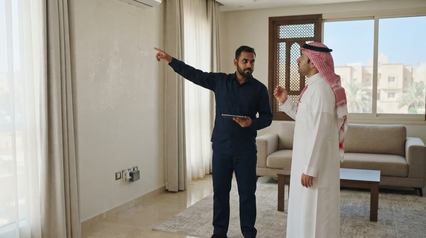 فني يحدد مع صاحب البيت أفضل موضع للوحدة الداخلية على الجدار