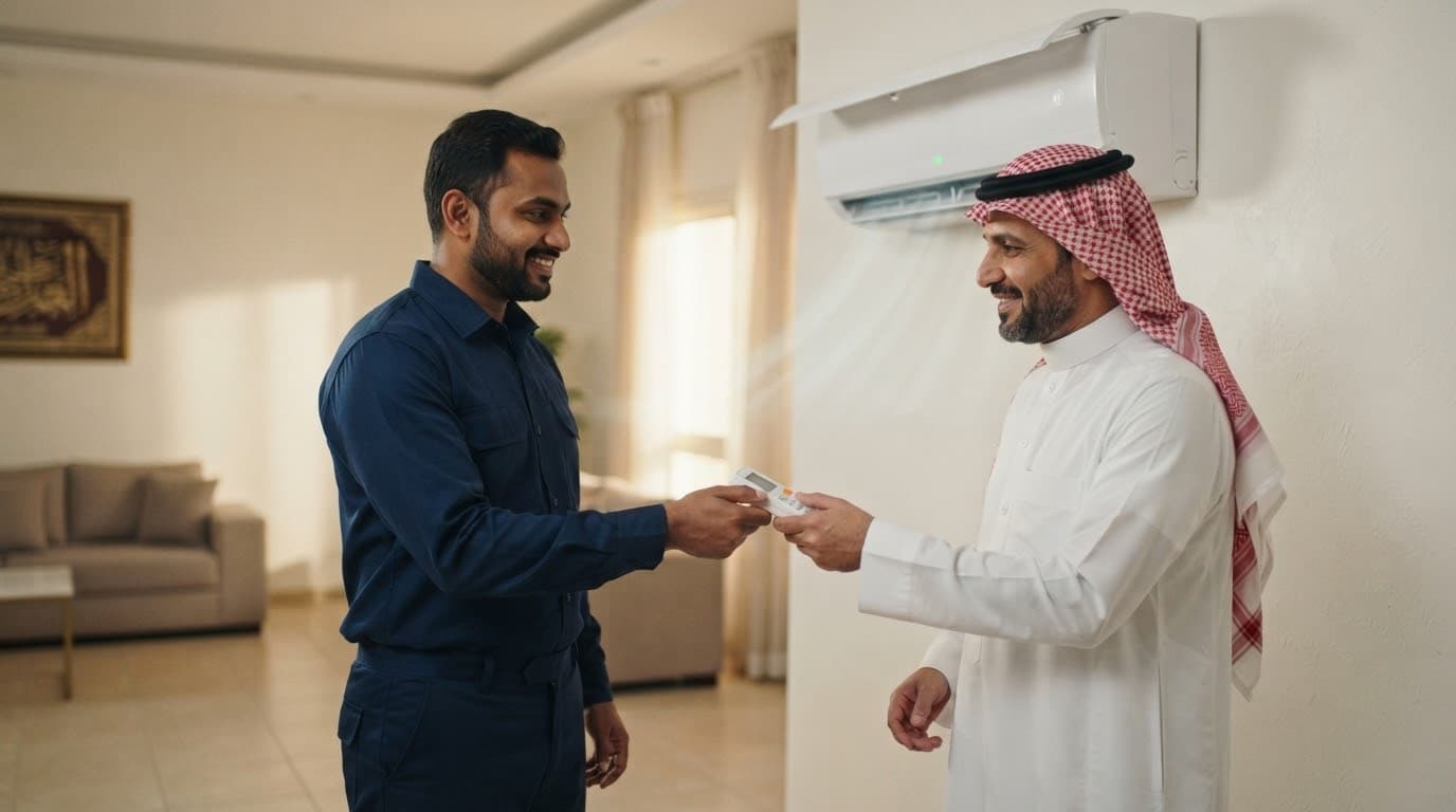 فني يسلّم صاحب البيت ريموت المكيف بعد التشغيل