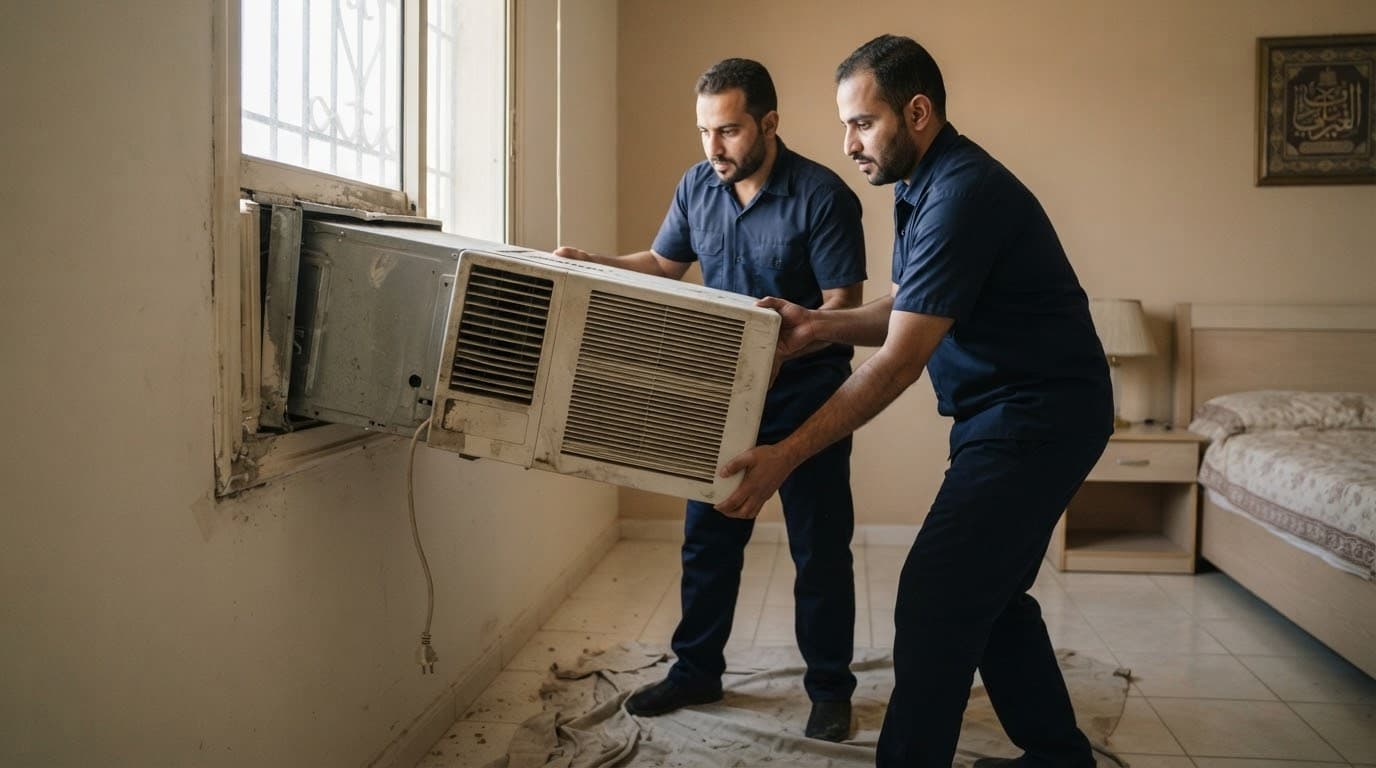 فنيان يخرجان مكيف الشباك من فتحته استعدادًا لتركيب مكيف سبليت